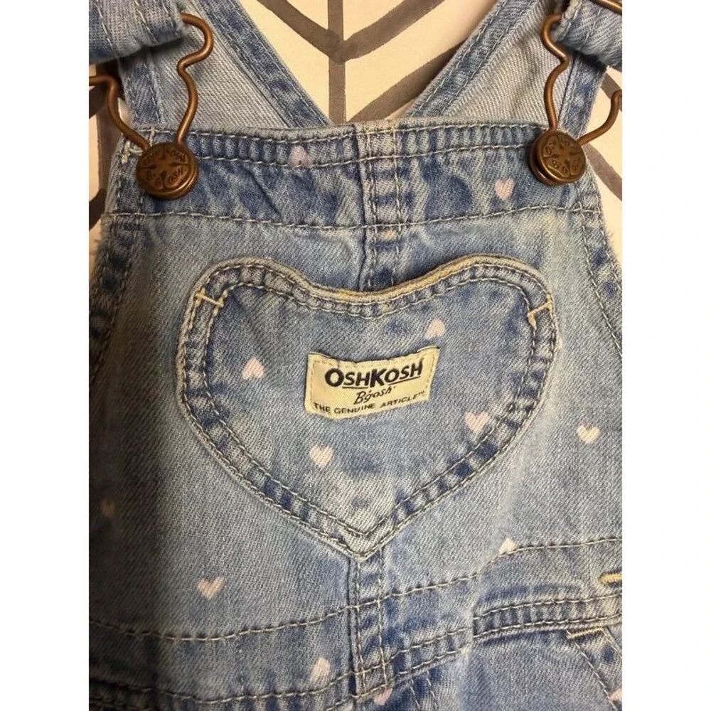 Oshkosh B’gosh Blue White Denim Heart Overalls Baby Girls 12M 7100